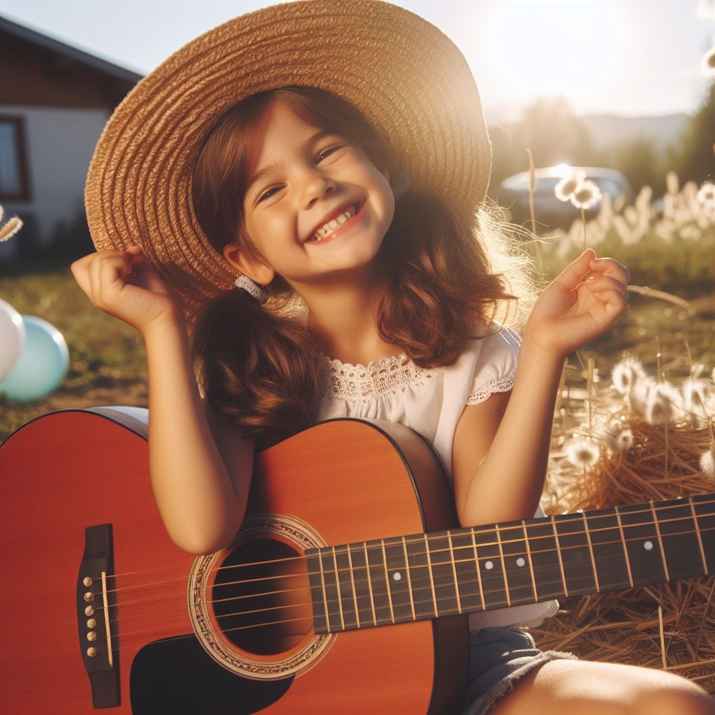 Kind sitzt in der Sonne und spielt Gitarre
